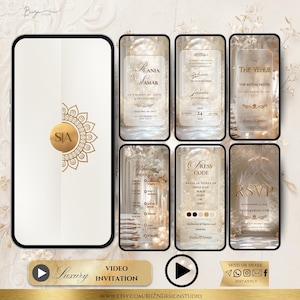 May include: A digital wedding invitation design featuring a smartphone with a gold monogram and a series of invitation screens. The screens display event details, including names, dates, and RSVP information. The design has a luxury theme.