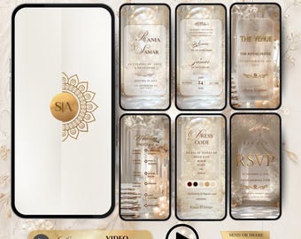 May include: Digital wedding invitation design. A smartphone displays a gold monogram and invitation screens with event details. The screens show names, dates, and RSVP information. The design has a luxury theme, with a gold and cream color scheme.