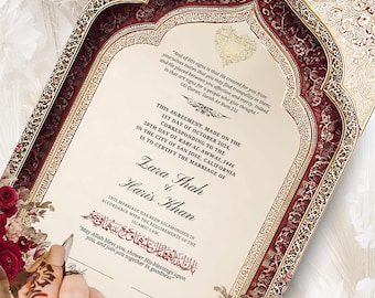 Certyfikat Nikkah w kolorze bordowo-beżowym: Islamska umowa ślubna (cyfrowy szablon Canva A4/A3 do pobrania)