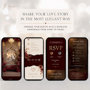 May include: Four smartphone screens displaying a digital wedding invitation suite with a deep red and gold colour palette. The screens feature text including SHARE YOUR LOVE STORY IN THE MOST ELEGANT WAY, RSVP, and THANK YOU, alongside floral graphics.