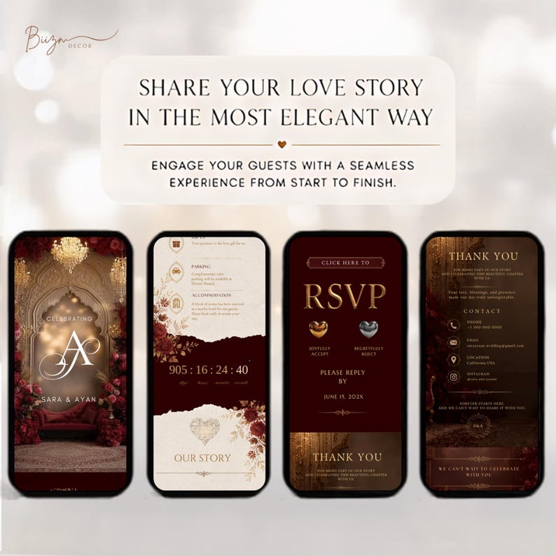 May include: Four smartphone screens displaying a digital wedding invitation suite with a deep red and gold colour palette. The screens feature text including SHARE YOUR LOVE STORY IN THE MOST ELEGANT WAY, RSVP, and THANK YOU, alongside floral graphics.