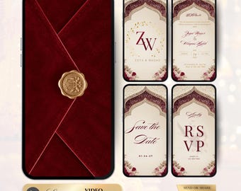 May include: A digital wedding invitation set featuring a deep red velvet envelope with a gold wax seal, alongside four cream-colored cards with maroon arched borders, floral accents, and text including ZW, Zoya & Waqas, Save the Date, and RSVP.