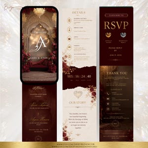 May include: A digital wedding invitation suite featuring a deep burgundy and cream colour palette with ornate gold typography. The design includes a mobile-style preview, detailed event information, an RSVP section, and a thank you note with floral accents.