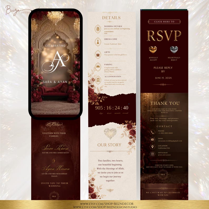 May include: A digital wedding invitation suite featuring a deep burgundy and cream colour palette with ornate gold typography. The design includes a mobile-style preview, detailed event information, an RSVP section, and a thank you note with floral accents.
