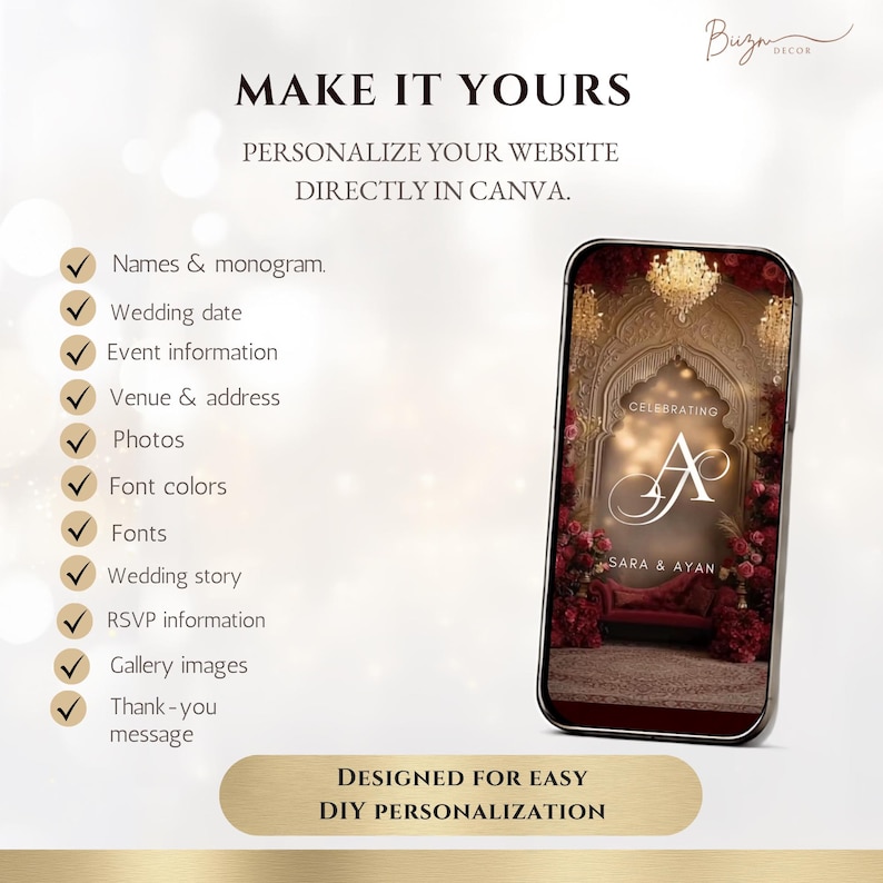 May include: A smartphone displays a wedding invitation template with a dark red floral arch and gold chandelier background. Text includes MAKE IT YOURS, PERSONALIZE YOUR WEBSITE DIRECTLY IN CANVA, and a list of customisable features like names and dates.