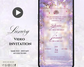 May include: A digital video invitation displayed on a smartphone. The invitation features a floral background with text that reads "Luxury Video Invitation" and details for a Nikah ceremony, including names, date, and time.