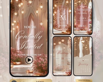 May include: A digital wedding invitation design featuring a soft, romantic aesthetic. The design includes a main screen with the text "You're Cordially Invited" and a play button. Additional screens display wedding details and a calendar.