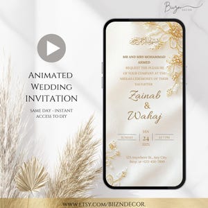 Elegant Gold Nikkah Invitation Template: Digital Muslim Wedding Evite (Canva Downloadable, Phone Size)