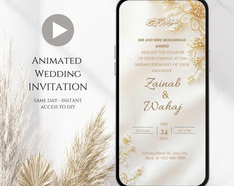 Ivory Gold Animated Nikkah Invitation Template: Digital Muslim Wedding Evite (Canva Downloadable, Phone Size)