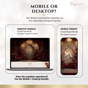 May include: A digital graphic comparing a desktop and mobile website layout. The desktop version shows a wide landscape view of a wedding invitation design, while the mobile version displays a vertical portrait view of the same design.