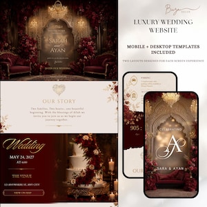 May include: A digital wedding website template set featuring deep red and gold color schemes. The design includes mobile and desktop layouts, floral accents, a three-tier cake, and text reading Luxury Wedding Website, Sarah and Ayan.