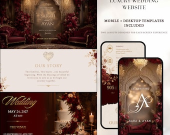 May include: A digital wedding website template set featuring deep red and gold colour schemes. The design includes mobile and desktop layouts, floral accents, a three-tier cake, and text reading Luxury Wedding Website, Sarah and Ayan.