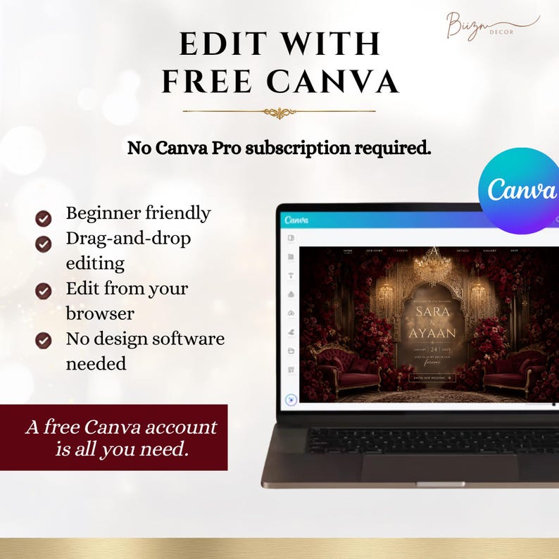 May include: A digital graphic promoting Canva editing with text stating EDIT WITH FREE CANVA, No Canva Pro subscription required, and a list of features including beginner friendly, drag-and-drop, browser editing, and no software needed.