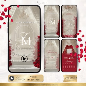 Puede incluir: Un diseño de invitación de boda digital con un esquema de color blanco y rojo. El diseño incluye el texto "To the Wedding of" y los nombres "Zara & Moiz". La invitación se muestra en la pantalla de un teléfono inteligente, con un botón de reproducción y las palabras "Luxury Video Invitation".