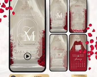 Può includere: Un design di invito di nozze digitale con uno schema di colori bianco e rosso. Il design include il testo "To the Wedding of" e i nomi "Zara & Moiz". L'invito viene visualizzato sullo schermo di uno smartphone, con un pulsante di riproduzione e le parole "Luxury Video Invitation".
