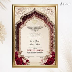 May include: A framed marriage certificate with a gold border. The certificate features ornate burgundy and gold designs, floral accents, and the names Zara Shah and Haris Khan. The text includes the date and location of the marriage.