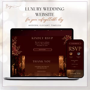 May include: A laptop and a smartphone displaying a dark red wedding website interface with gold text. The screens feature floral accents, candlelit imagery, and RSVP buttons. The text reads LUXURY WEDDING WEBSITE, KINDLY RSVP, THANK YOU, and RSVP.