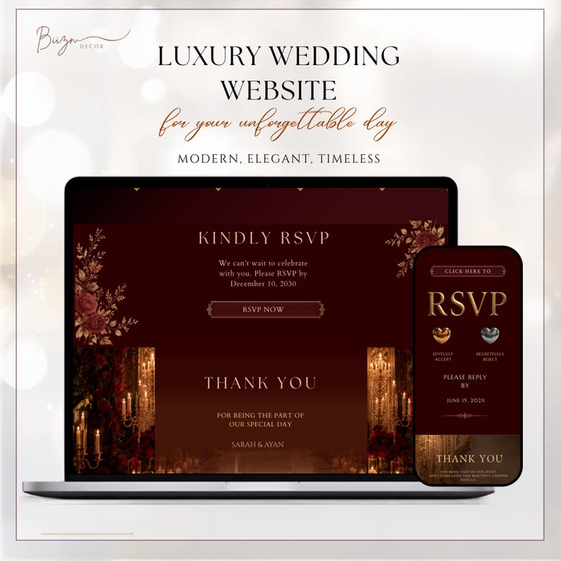 May include: A laptop and a smartphone displaying a dark red wedding website interface with gold text. The screens feature floral accents, candlelit imagery, and RSVP buttons. The text reads LUXURY WEDDING WEBSITE, KINDLY RSVP, THANK YOU, and RSVP.