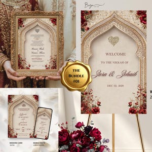 Puede incluir: Un elegante paquete de invitaciones de boda con una invitación enmarcada, un letrero de bienvenida y una invitación móvil. Los diseños incluyen arcos ornamentados, detalles florales y los nombres "Ravin Shah" y "Samar Khan". El letrero de bienvenida muestra la fecha.