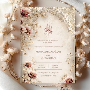 May include: A wedding invitation card with a floral design and gold detailing. The card announces the Nikkah ceremony of Muhammad Samar and Zoya Khan, with the date, time, and location included. The card is decorated with soft-colored flowers.