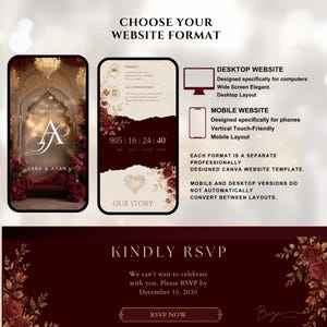 May include: A digital wedding website template set featuring a deep burgundy and cream colour palette with floral accents. The display shows desktop and mobile layout options, countdown timers, RSVP sections, and text including CHOOSE YOUR WEBSITE FORMAT.