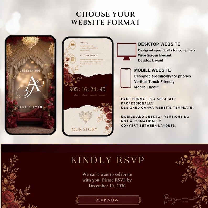 May include: A digital wedding website template set featuring a deep burgundy and cream colour palette with floral accents. The display shows desktop and mobile layout options, countdown timers, RSVP sections, and text including CHOOSE YOUR WEBSITE FORMAT.
