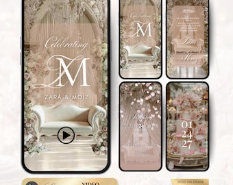 May include: A digital wedding invitation design featuring a soft, romantic aesthetic. The design includes the text "Celebrating M ZARA & MOIZ" with a white loveseat and floral accents. The invitation is displayed on a smartphone.
