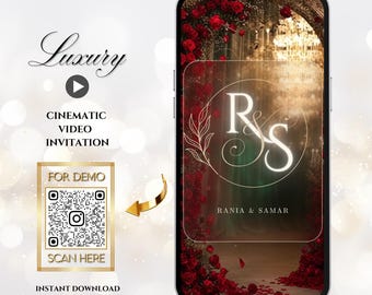 Può includere: Uno smartphone mostra un invito video cinematografico con rose rosse, un lampadario e il monogramma R&S con i nomi Rania & Samar. È visibile un codice QR con bordo dorato etichettato FOR DEMO SCAN HERE, insieme al testo Luxury.