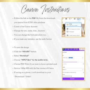 May include: Image with Canva Instructions in black script. Instructions include how to download and save designs. Screenshots of the Canva interface are included. The text also mentions Etsy and PDF files.