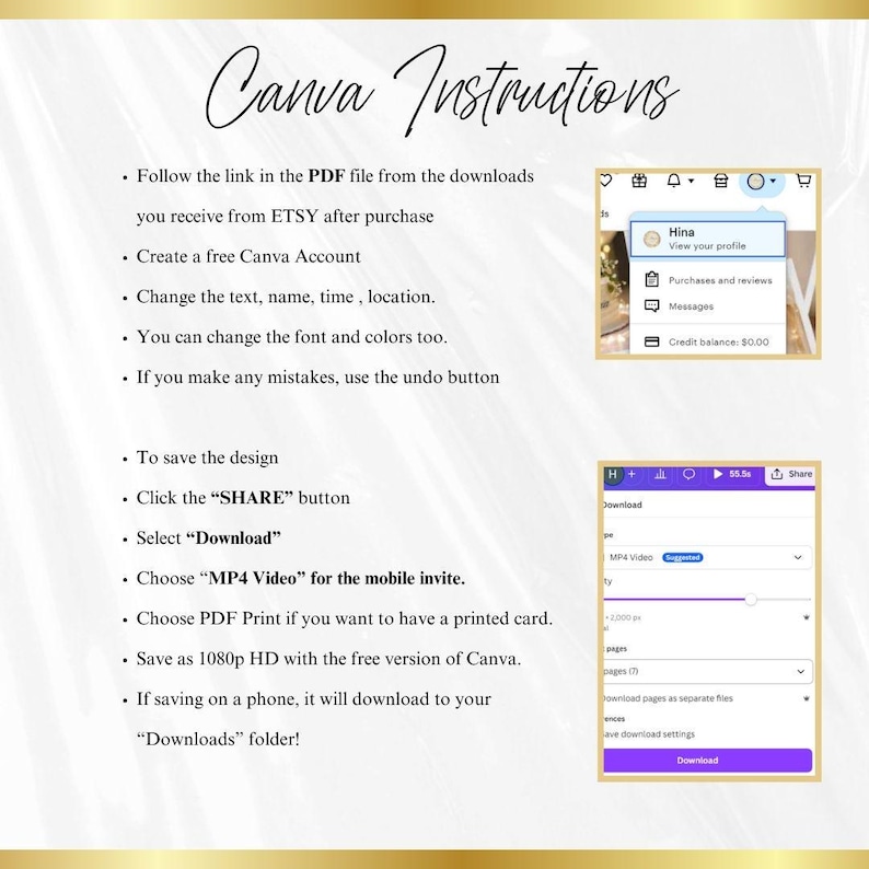 May include: Image with Canva Instructions in black script. Instructions include how to download and save designs. Screenshots of the Canva interface are included. The text also mentions Etsy and PDF files.