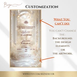May include: Elegant wedding invitation with gold and white accents. The invitation includes the names Rania and Samar, along with the date and time of the ceremony. The text states that the background, design elements, and artwork cannot be changed.