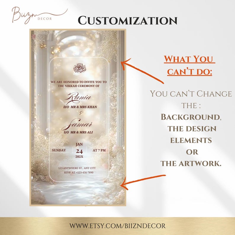 May include: Elegant wedding invitation with gold and white accents. The invitation includes the names Rania and Samar, along with the date and time of the ceremony. The text states that the background, design elements, and artwork cannot be changed.