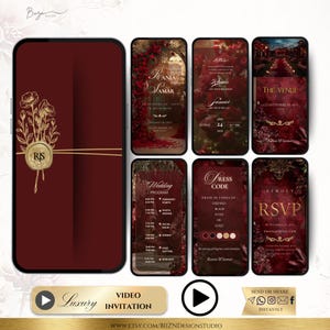 Puede incluir: Una invitación de boda digital en un smartphone, con un tema burdeos y dorado. El diseño incluye detalles florales, información del evento y una sección RSVP. La invitación es para Rania & Samar.