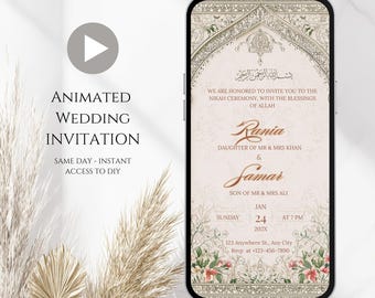 May include: A smartphone displays an animated wedding invitation. The invitation features ornate floral and architectural designs in beige and gold, with the names Rania and Samar. Text includes "Animated Wedding Invitation" and "Same Day - Instant Access to DIY."