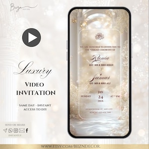 May include: A digital wedding invitation displayed on a smartphone screen. The design features elegant calligraphy, gold accents, and the words "Luxury Video Invitation." The invitation includes event details and a call to action.