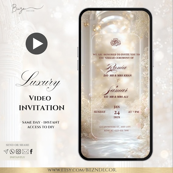 Beige & Gold Islamic Wedding Video Invitation: Nikkah, Baraat, Reception (Digital Download)