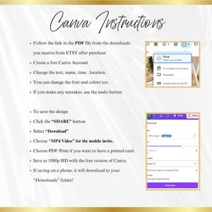 May include: A digital guide titled "Canva Instructions" with step-by-step instructions for using Canva. The guide includes screenshots and text explaining how to download and save designs. The background is white with gold accents.