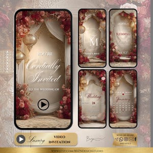 Puede incluir: Un diseño de invitación de boda digital con un esquema de color dorado y burdeos. El diseño incluye arreglos florales, arcos ornamentados y el texto "You're Cordially Invited". La invitación está diseñada para compartir videos.