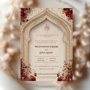 May include: An invitation card with a beige background and ornate gold arch design. The card features text in English and Arabic, with floral accents in burgundy. The invitation is for a Nikkah ceremony.