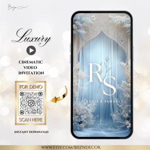 May include: A smartphone screen shows a digital wedding invitation with the initials "RS" and the names "Rania & Samar." The design features a light blue and white floral theme with the words "Luxury" and "Cinematic Video Invitation."