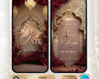 May include: Two digital wedding invitation templates displayed on smartphone screens featuring an ornate gold archway, deep red floral arrangements, a velvet sofa, and crystal chandeliers. Text includes Save the Date, For the Wedding of Neha & Samir, 01.25.20XX, and Formal Invitation to Follow.