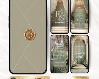 May include: A digital wedding invitation set displayed on smartphone screens featuring sage green backgrounds, gold wax seal graphics, and elegant typography. The screens show wedding program details, save the date text, and names Rania and Samar.