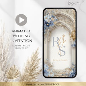 Digital Wedding Nikkah Video Mobile Invitation Customizable Template, Printable Islamic Muslim Walima, Editable Invite,Royal Ivory and blue
