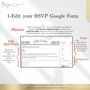 May include: An instructional graphic for editing a Google Form RSVP, featuring a central screenshot of a bridal shower form. Text labels explain how to modify photos, edit questions, adjust font styles, and change background colours for event customisation.