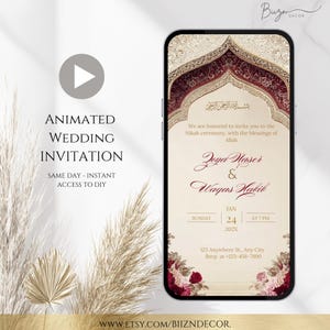Maroon Nikkah Video Invitation: Islamic Muslim Wedding (Digital Download, Customizable Canva Template)