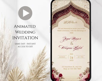 Maroon Nikkah Video Invitation: Islamic Muslim Wedding (Digital Download, Customizable Canva Template)