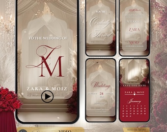 Può includere: Un video invito di nozze digitale dal design lussuoso. Lo schermo principale mostra "To the Wedding of ZM, Zara & Moiz." Schermi aggiuntivi mostrano "You're Cordially Invited", dettagli del matrimonio e un calendario.
