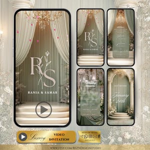May include: A digital wedding invitation design featuring a stage with the initials "RS" and the names "Rania & Samar." The design includes a video invitation option, a wedding program, and a "Save the Date" card. The color scheme is soft green and gold.