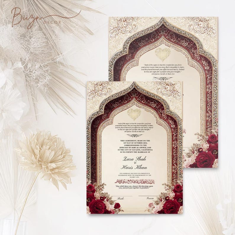May include: Elegant wedding invitations with a cream background, ornate burgundy arch design, and floral accents. The invitations feature calligraphy and the names Zara Shah and Haris Khan. A beautiful design for a special occasion.