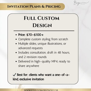 May include: A digital invitation plan with the text "INVITATION PLANS & PRICING" at the top. The main section says "FULL CUSTOM DESIGN" with bullet points detailing custom styling, illustrations, consultation, and MP4 delivery. The text also says "Best for: clients who want a one-of-a-kind, exclusive invitation."
